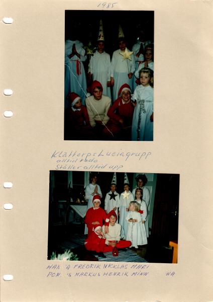 1985 Lucia. Klättorps Luciagrupp alltid redo ställer alltid upp. Hanna, Fredrik, Nicklas, Mari, Pontus, Markus, Henrik, Minna.